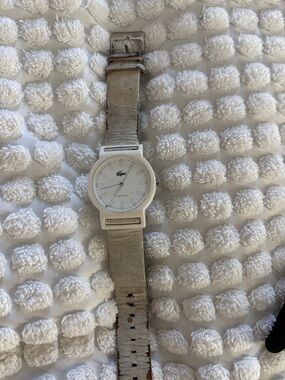 Lacoste White Watch with Green Logo and Beige Strap make an offer